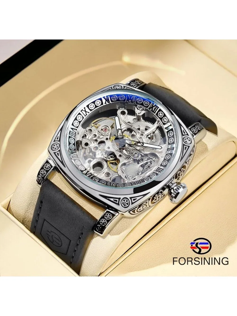 Men's Black Square Mechanical Leather Strap Self-Wind Carved Automatic Watch